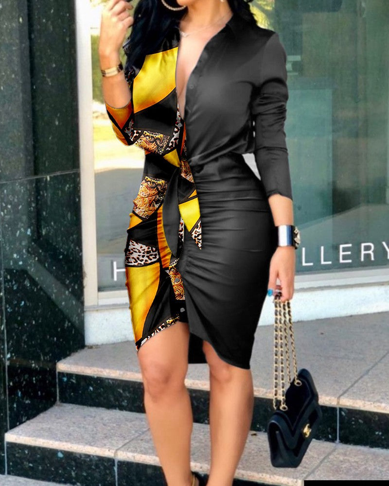 Damen Knielanges Hemdblusenkleid mit kreativem grafischen Muster und taillierbarem Gürtel Fudus