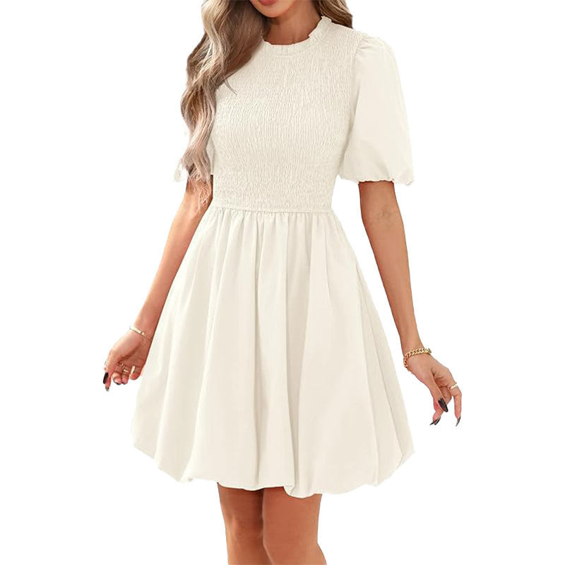 Damen Kurzarm Kleid mit elastischem Oberteil und schwingendem Rock Fudus