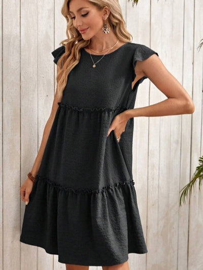 Damen lässiges Kurzkleid mit fröhlichen Rüschen und voluminösem Schnitt Fudus