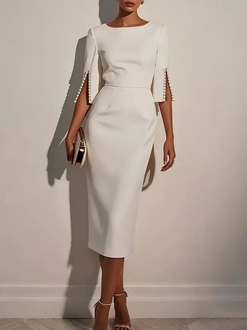 Damen elegantes Hochzeitskleid mit langen Ärmeln und Perlenverzierungen Fudus