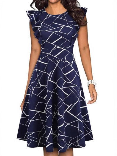 Damen Kleid mit Rüschendetails und modernem Grafikdesign Fudus