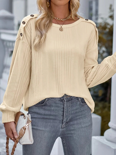 Damen Komfortabler Rippstrickpullover mit Druckknopfdetails Fudus