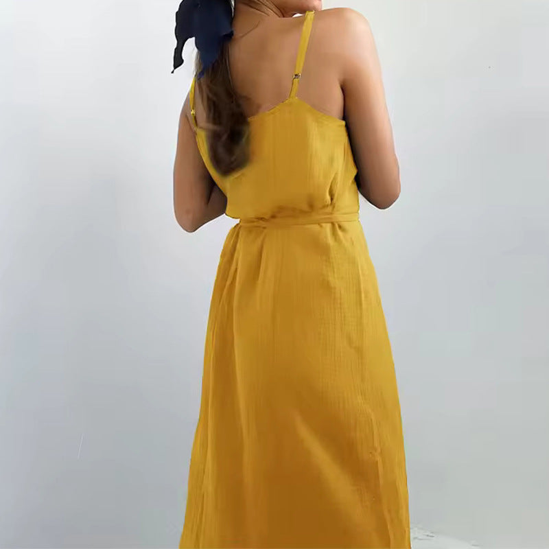 Damen Maxikleid mit schmalen Spaghettiträgern und hohem Schlitz Fudus