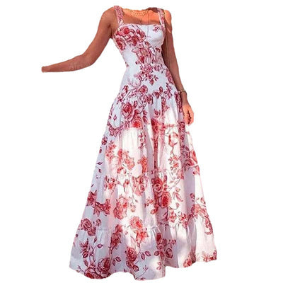 Damen Maxikleid mit floralen Motiven und schwingendem Rock Fudus