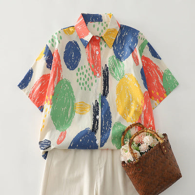 Damen Kurzarm-Hemd mit farbenfrohem Muster und lässiger Passform Fudus