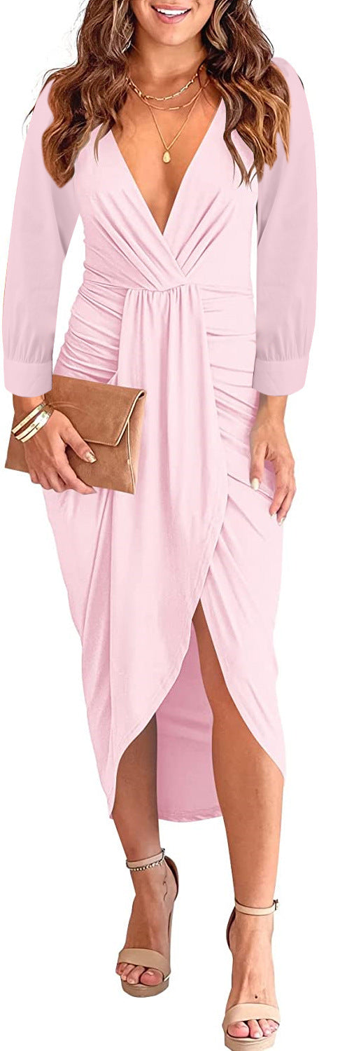 Damen Wickel-Kleid mit tiefem V-Ausschnitt und seitlichem Schlitz Fudus