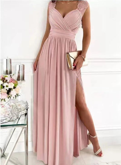 Damen elegantes Maxikleid mit Spitzenärmel und modischem V-Ausschnitt Fudus