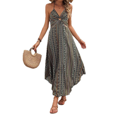 Damen Boho Maxikleid mit modernem Gürtel und zartem Schnitt Fudus