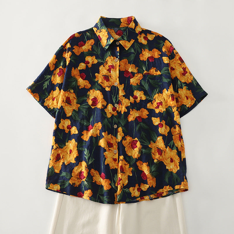 Damen Kurzarmhemd mit buntem Blumenmuster und elastischem Stoff Fudus