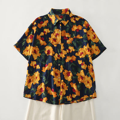 Damen Kurzarmhemd mit buntem Blumenmuster und elastischem Stoff Fudus