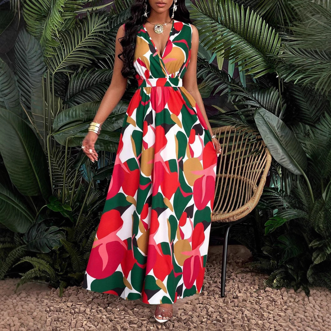 Damen Maxi-Kleid mit elegantem V-Ausschnitt und floralem Print Fudus