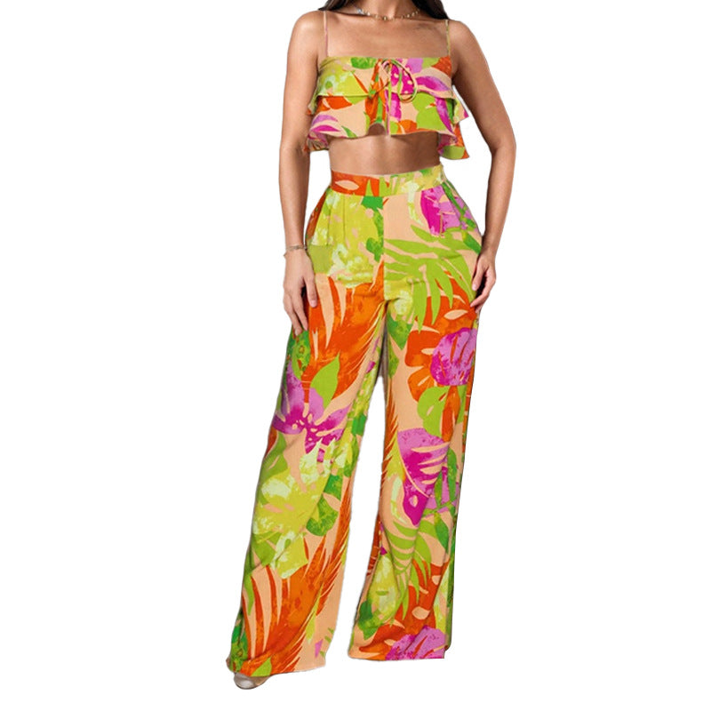 Damen Zweiteiliges Sommeroutfit mit Rüschenshirt und weiten Hosen Fudus