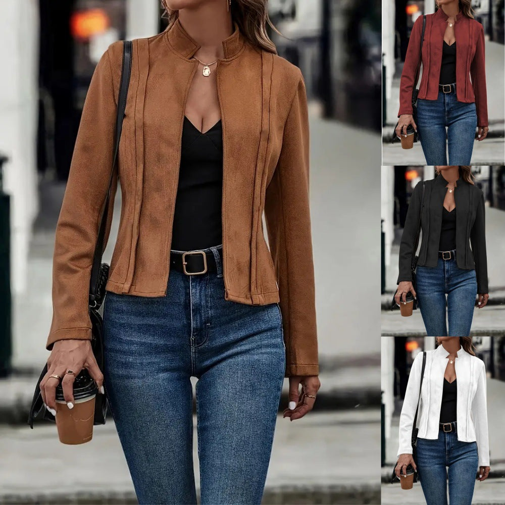 Damen strukturiertes Wildlederjackett mit modernem Stehkragen Fudus