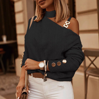 Damen elegantes Oberteil mit asymmetrischem Ausschnitt und dekorativen Schulterträgern Fudus