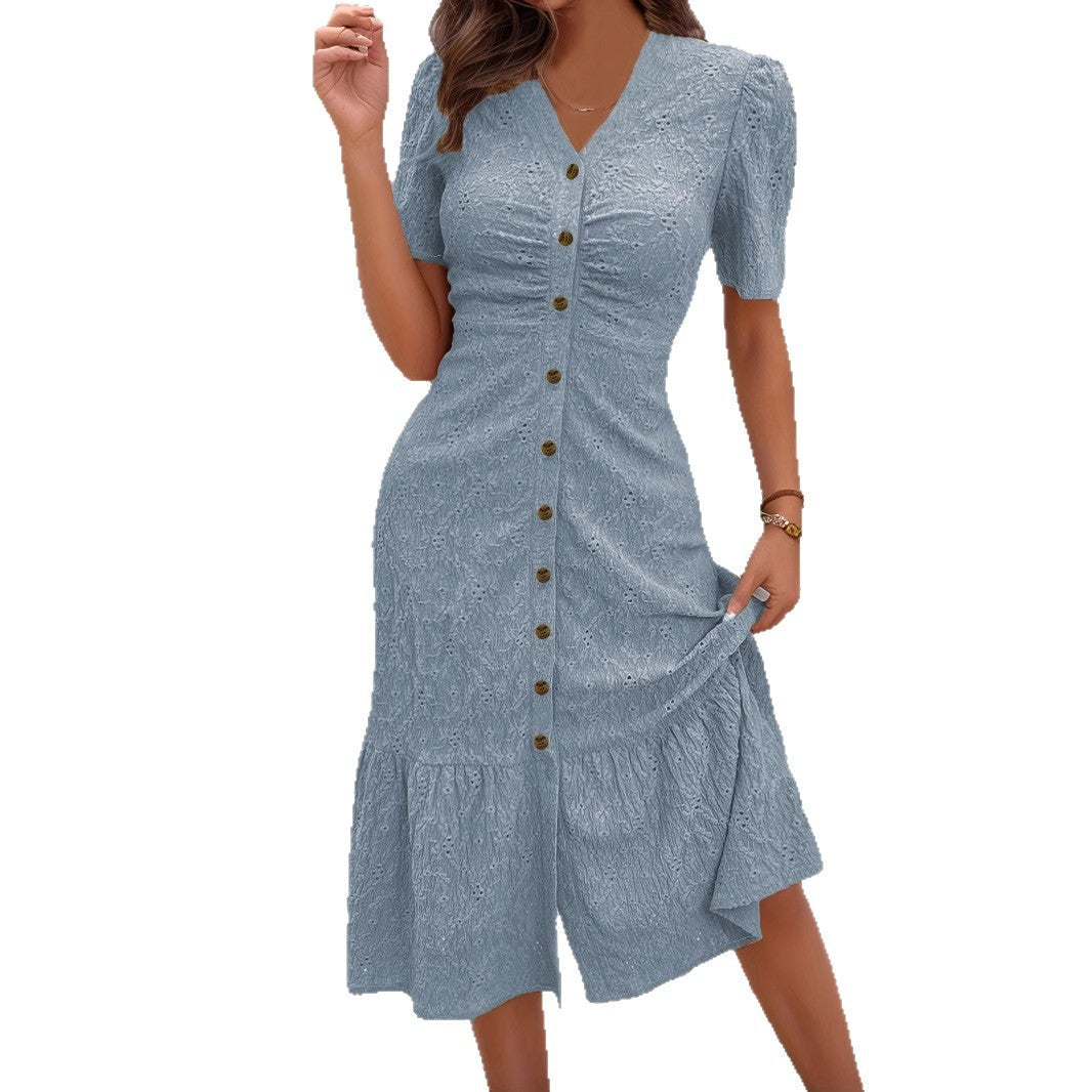 Damen Midikleid mit romantischen Rüschendetails und Knopfverschluss Fudus