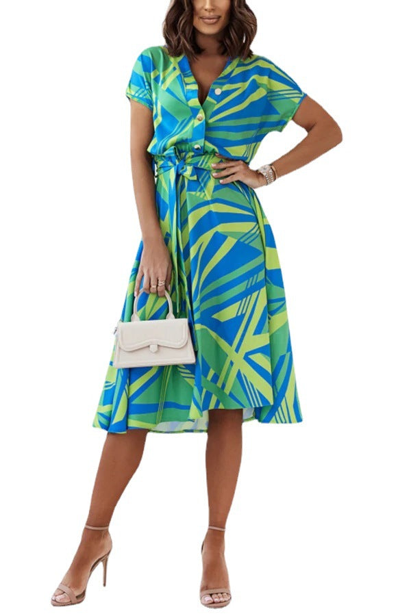 Damen Maxi-Kleid mit modischem Grafikdesign und eleganter Taillierung Fudus