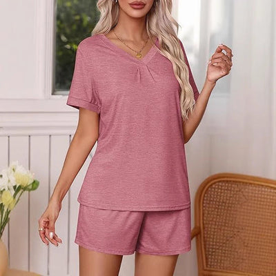 Damen lässiges Lounge-Set mit lässigem V-Ausschnitt und kurzen Ärmeln Fudus