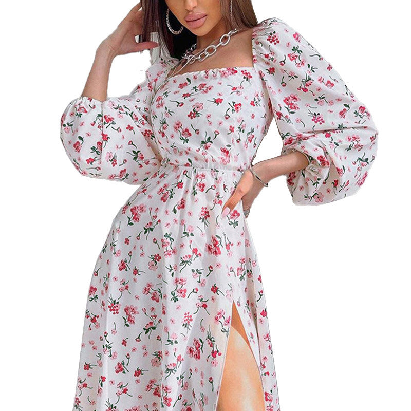 Damen Maxikleid mit puffärmeln und femininem Schlitz Fudus