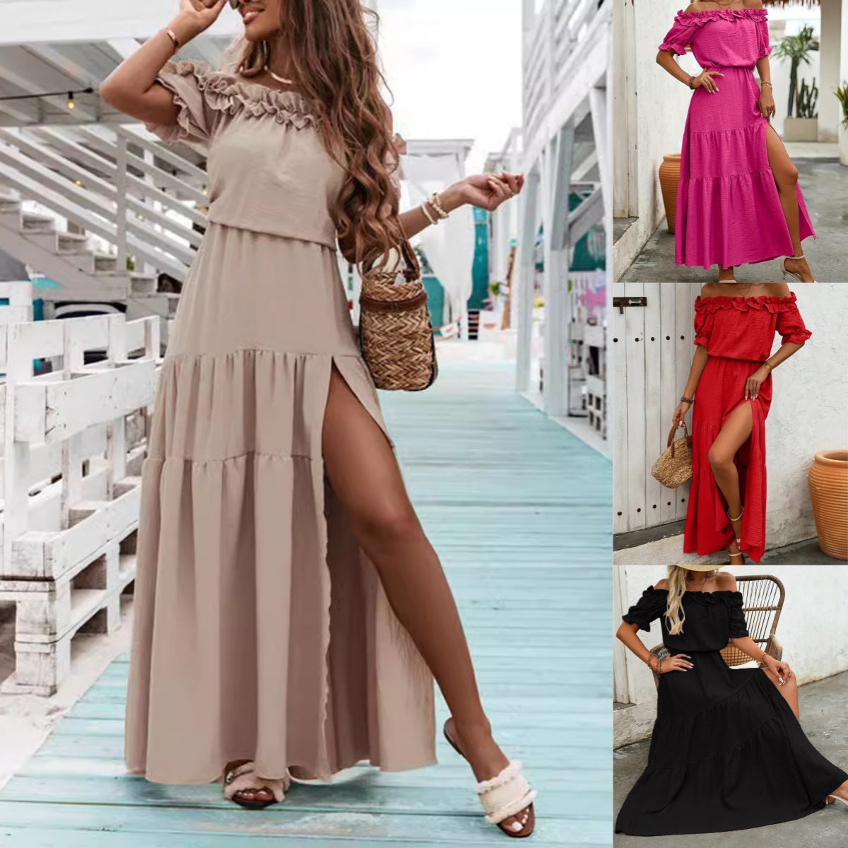 Damen Off-Shoulder Maxikleid mit Rüschendetails und femininem Volant Fudus