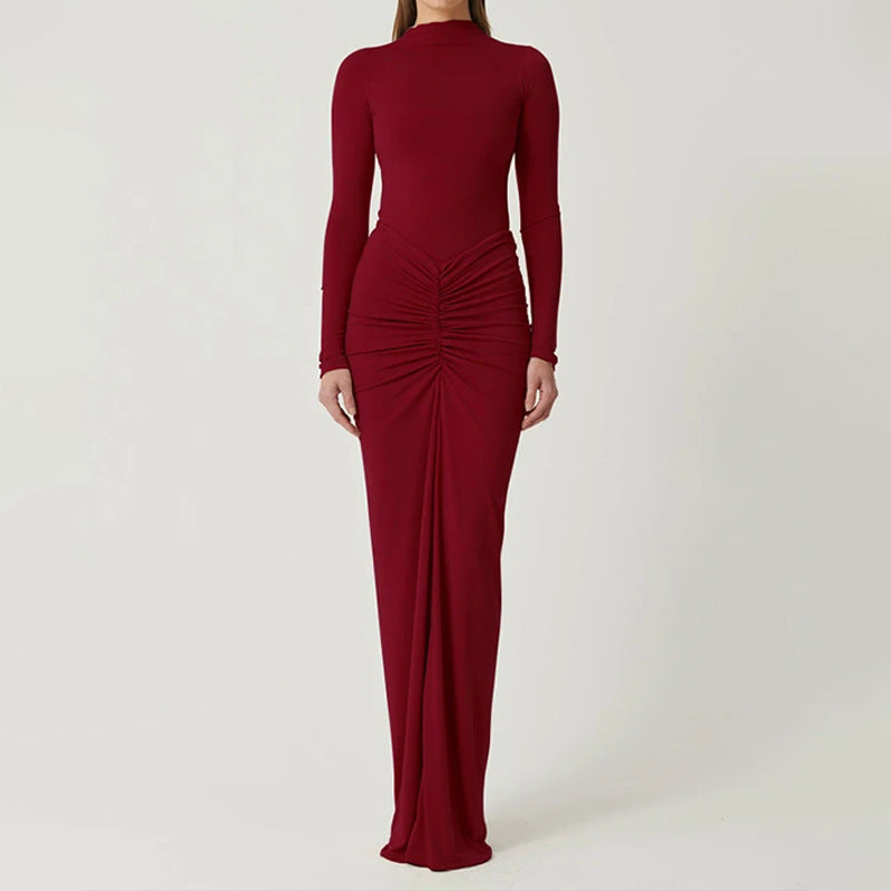 Damen Maxikleid mit elegantem Raffung und klassischem Stehkragen Fudus