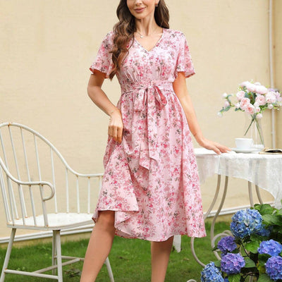 Damen Blumenkleid mit V-Ausschnitt und tailliertem Bindegürtel Fudus