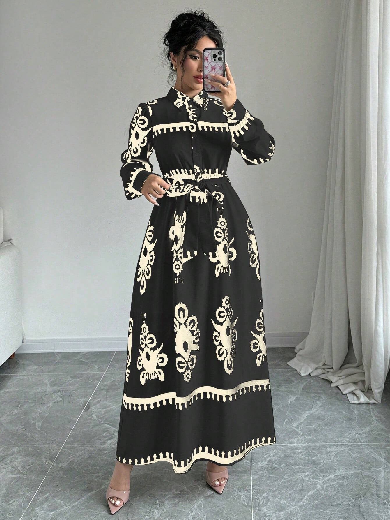 Damen Hemdblusenkleid mit buntem ethnischen Muster und Taillengürtel Fudus