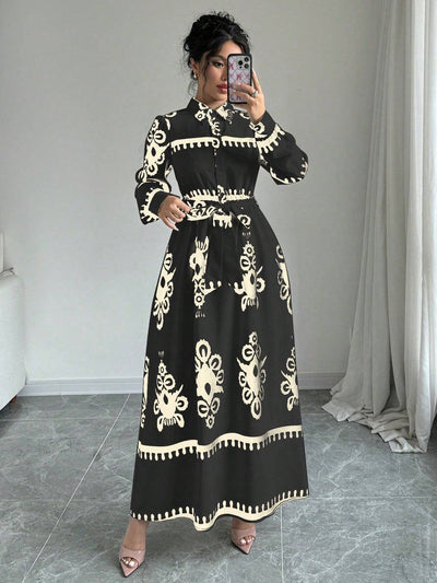 Damen Hemdblusenkleid mit buntem ethnischen Muster und Taillengürtel Fudus