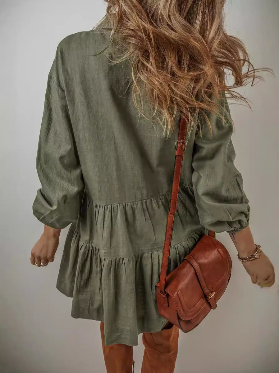 Damen Langärmliges Smockkleid mit Knopfdetails und Rüschen Fudus