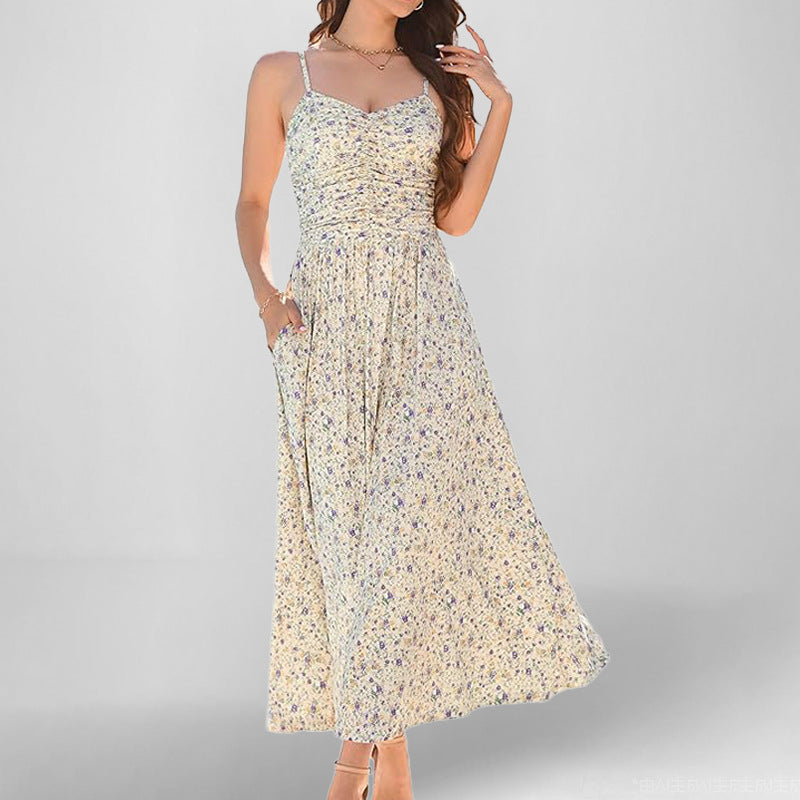 Damen Maxikleid mit gerafftem Oberteil und zarten Blumenmustern Fudus