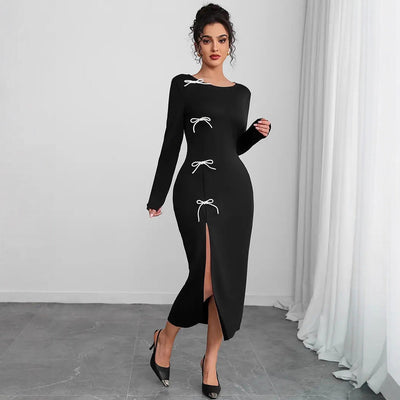 Damen elegantes Maxikleid mit raffinierten Schnürdetails und hohem Schlitz Fudus