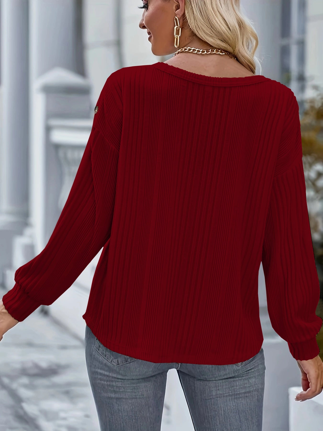 Damen Komfortabler Rippstrickpullover mit Druckknopfdetails Fudus