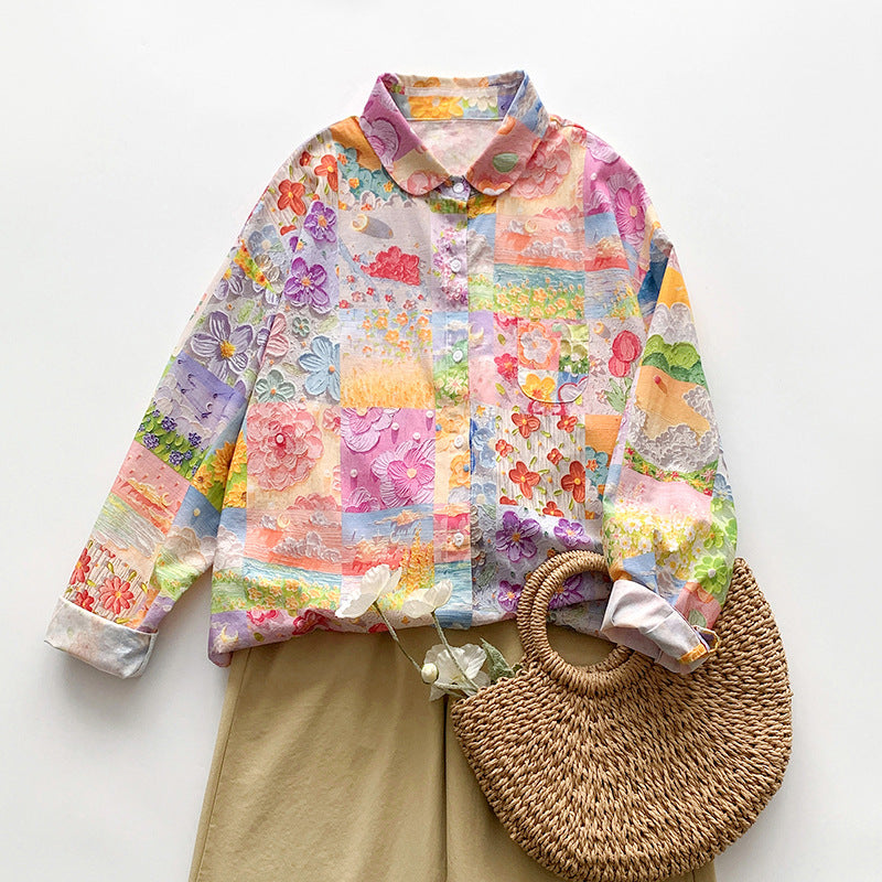 Damen Langarmhemd mit buntem Patchwork-Design Fudus