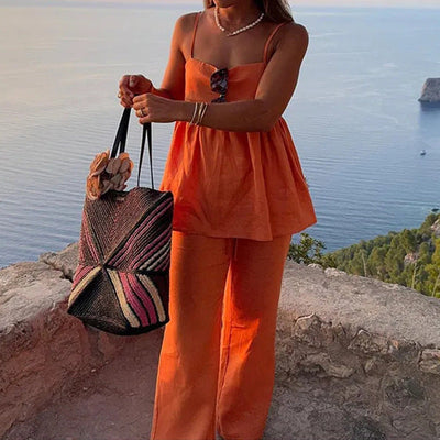 Damen luftige Sommerbluse mit weitem Schnitt und lockeren Hose Fudus