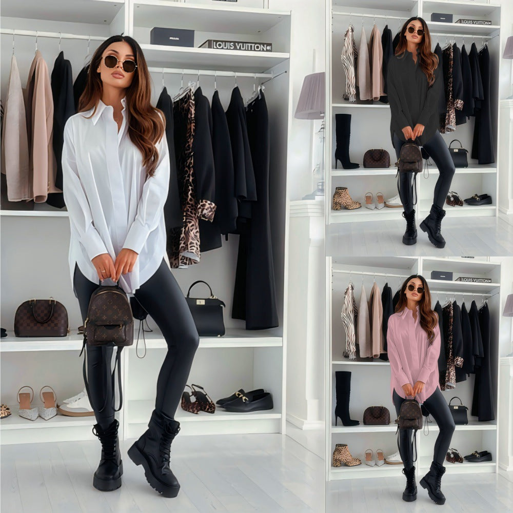 Damen Oversize Hemdbluse mit klassischem Kragen und langen Ärmeln Fudus
