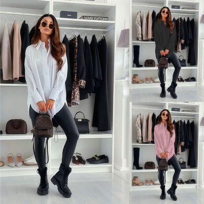 Damen Oversize Hemdbluse mit klassischem Kragen und langen Ärmeln Fudus