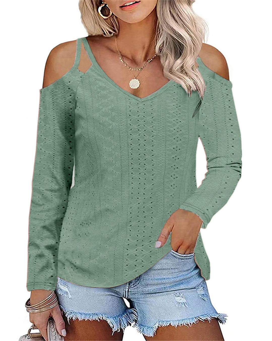 Damen Langarmshirt mit Schulterauschnitten und feiner Struktur Fudus