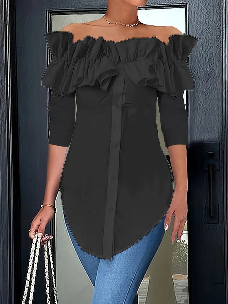 Damen Off-Shoulder Bluse mit Rüschen und Knopfdetails Fudus