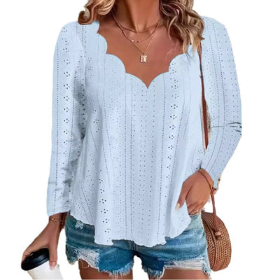 Damen Bluse mit eingearbeiteten Lochmustern und geschwungenem Ausschnitt Fudus