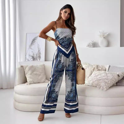 Damen eleganter Jumpsuit mit raffiniertem Print und weiten Beinen Fudus