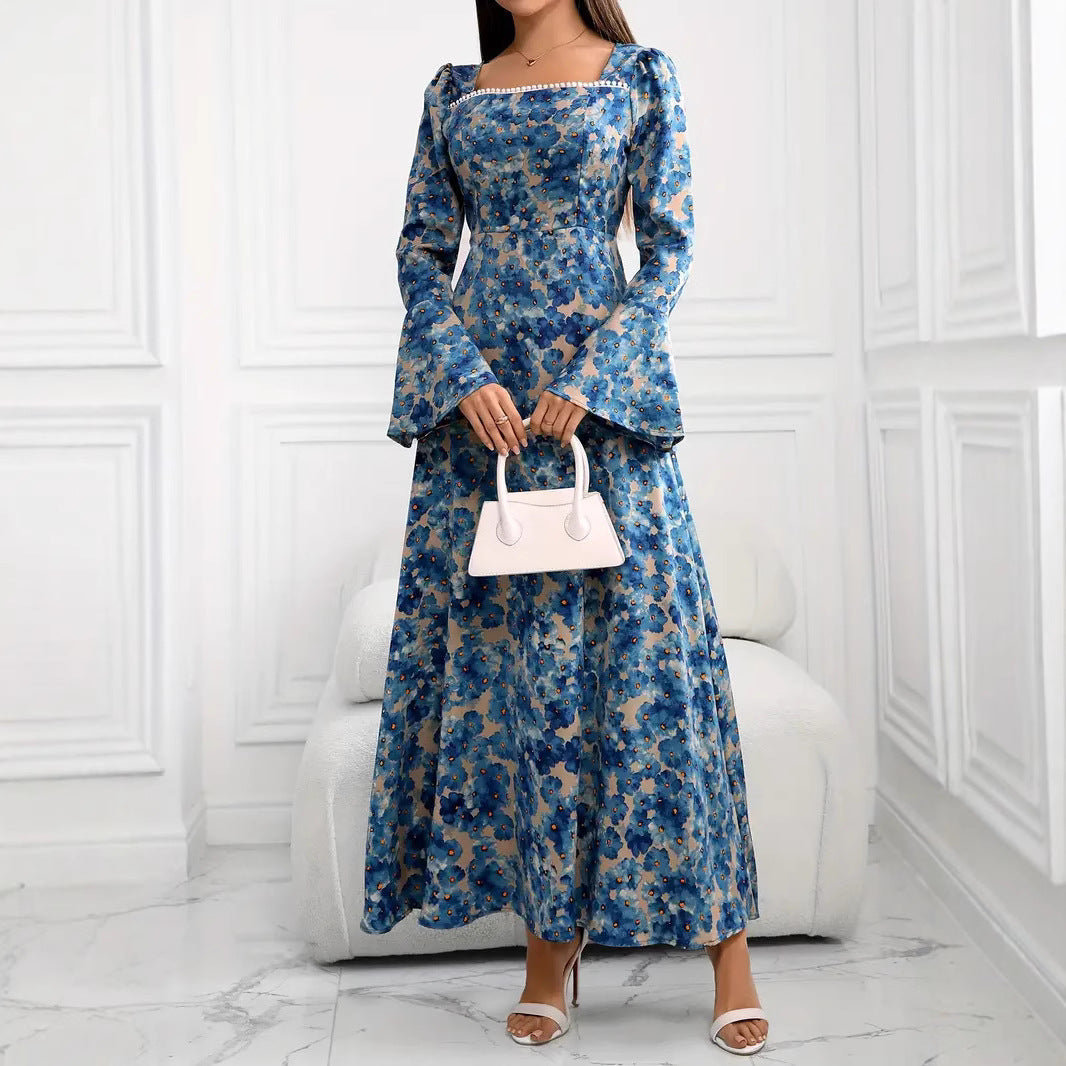 Damen elegantes Maxikleid mit floralen Mustern und voluminösen Ärmeln Fudus