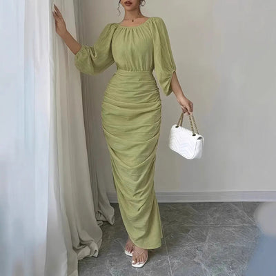 Damen Elegantes und figurbetontes Maxikleid mit Puffärmeln Fudus