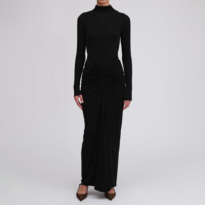 Damen Maxikleid mit elegantem Raffung und klassischem Stehkragen Fudus