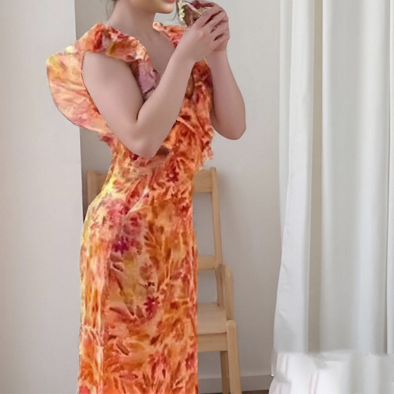 Damen Maxikleid mit voluminösen Rüschendetails und elegantem V-Ausschnitt Fudus