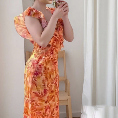 Damen Maxikleid mit voluminösen Rüschendetails und elegantem V-Ausschnitt Fudus