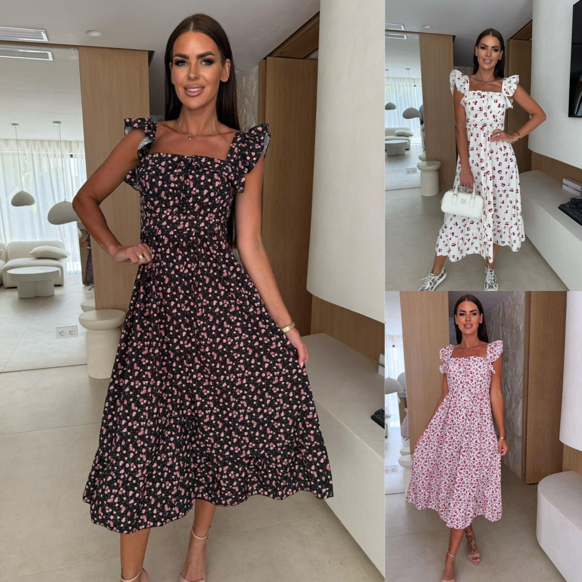 Damen Sommerliches Maxikleid mit Rüschendetails und fruchtigem Muster Fudus