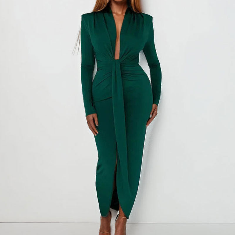 Damen Maxikleid mit tiefem V-Ausschnitt und eleganter Drapierung Fudus