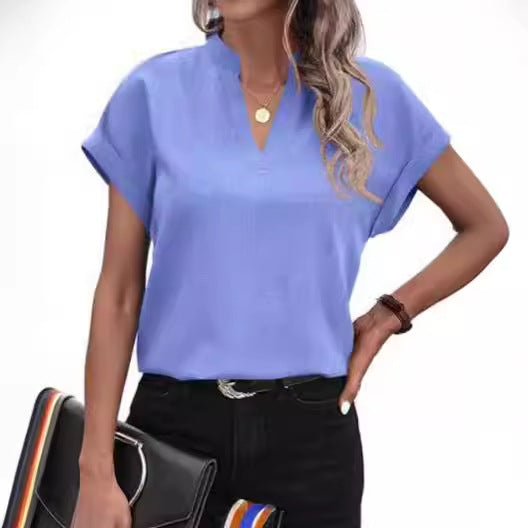 Damen Kurzarm Bluse mit Stehkragen und elegantem Schnitt Fudus