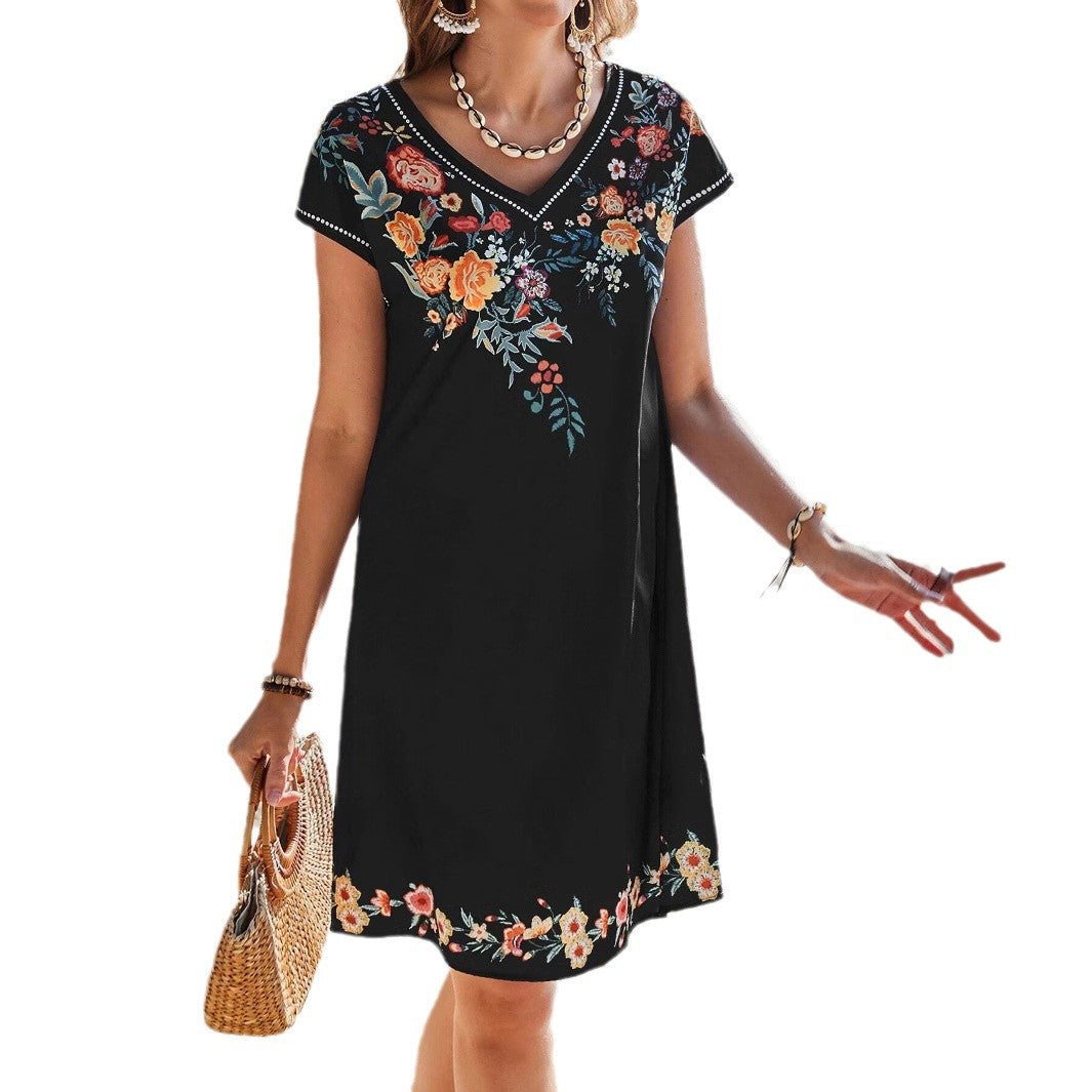 Damen Boho-Kleid mit floralen Stickereien und V-Ausschnitt Fudus