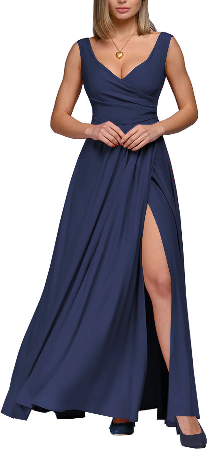 Damen Elegantes Maxikleid mit seitlichem Schlitz und raffiniertem V-Ausschnitt Fudus