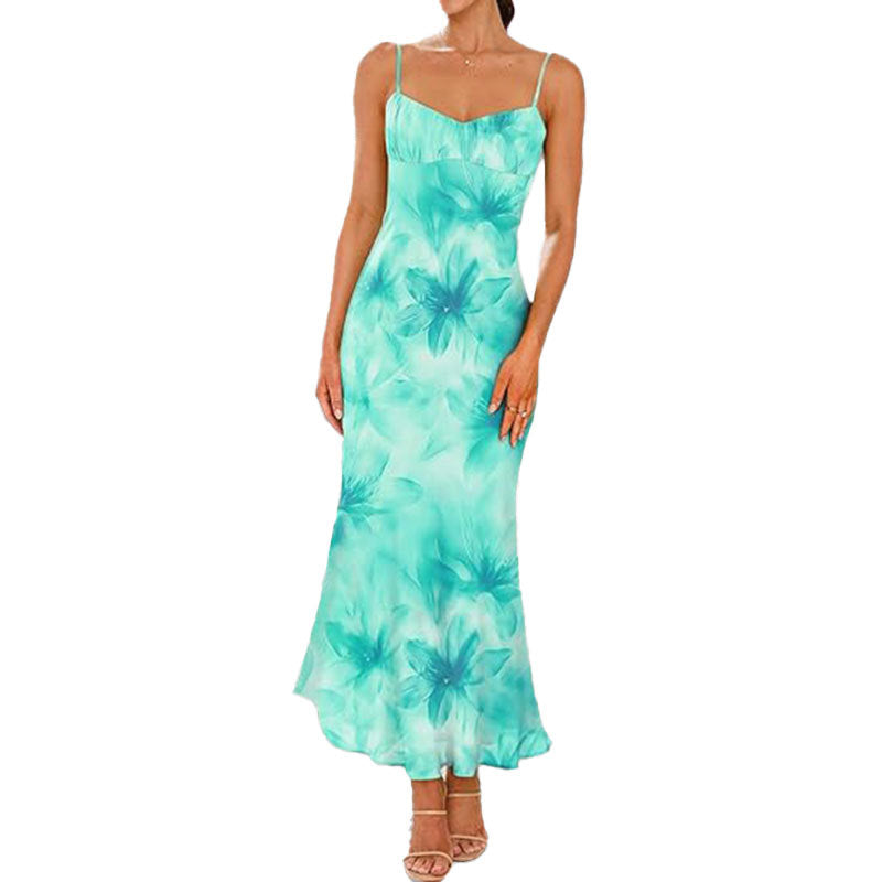 Damen Maxikleid mit feinen Spaghettiträgern und blumigem Design Fudus